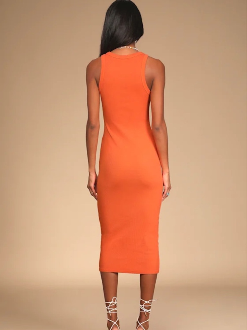 Lulus Sleek Orange Ribbed Midi Dress - Women's Bodycon Tank Style - Picture 2 of 8